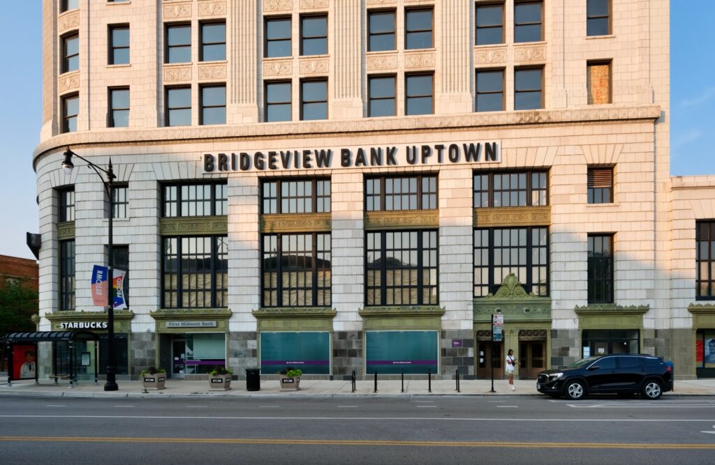 Bridgeview Bank building exterior from street level