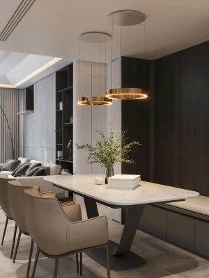 Modern,Dining,Area,With,Marble,Table,,Stylish,Lighting,,And,Open-plan