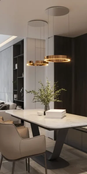 Modern,Dining,Area,With,Marble,Table,,Stylish,Lighting,,And,Open-plan